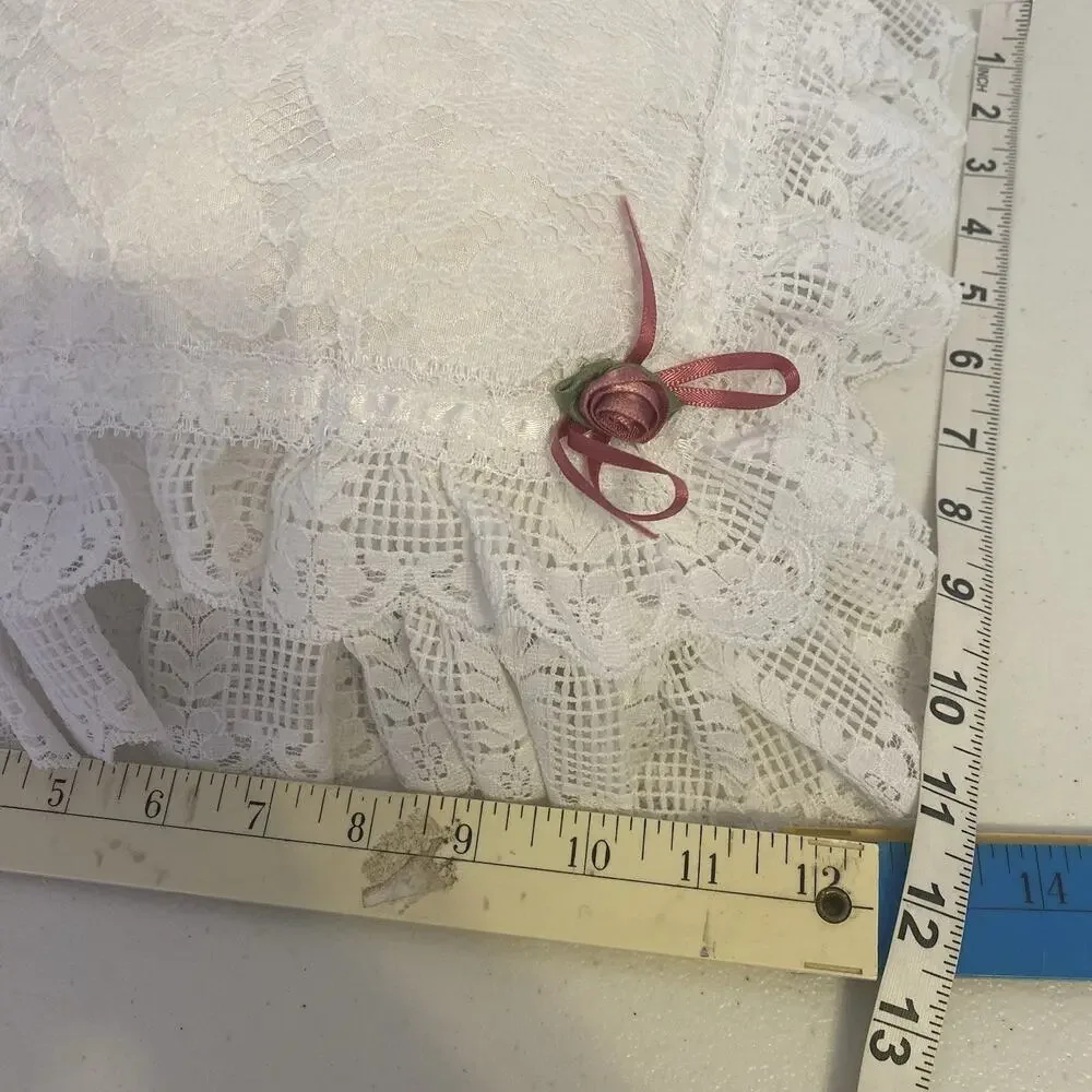 Vintage 70s White Lace Ruffles Square Pillow w/ Ribbon Ties Fairy Bridal Decor